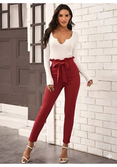 Valensdesign Kadın Yüksek Bel Beli Fırfırlı Önden Bağlamalı Ithal Krep Pantolon Bordo