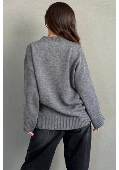 Madmext Antrasit Bisiklet Yaka Oversize Uzun Kadın Triko Kazak Mg2890