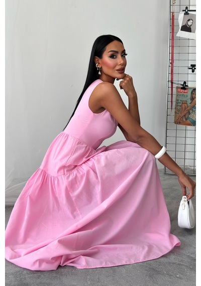 WeShaya Kadın Pembe Tek Omuz Wual Maxi Elbise Pembe