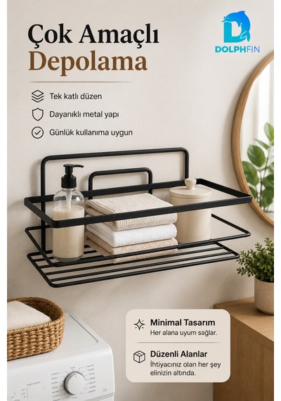 Tek Katlı Siyah Metal Çok Amaçlı Raf Duvar Rafı Banyo Mutfak Düzenleyici Organizer