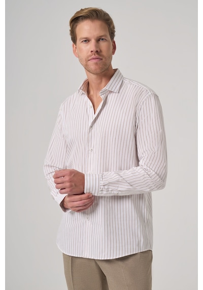 Morven Erkek Bej Pamuk Trend Çizgili Slim Fit Yarım İtalyan Yaka Gömlek 26mc004029653 Bej