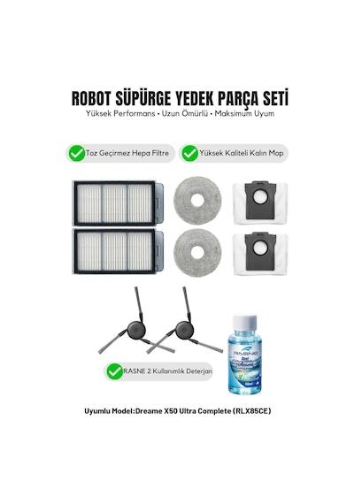 Dreame X50 Ultra Complete Rlx85ce İle Uyumlu 2 Yan Fırça 2 Filtre 2 Mop 1 Deterjan 2 Toz Torbası 5.0