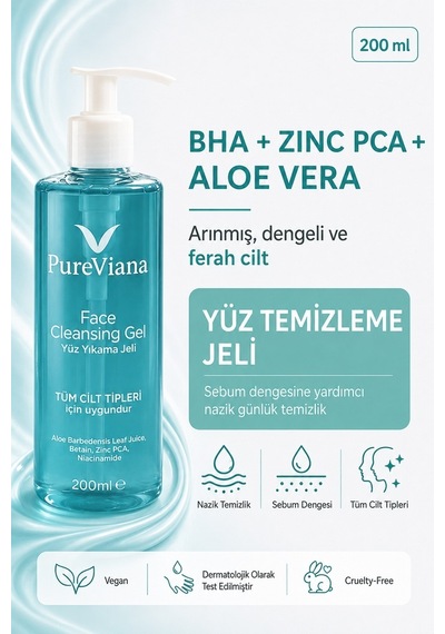 Pureviana Siyah Nokta Akne Karşıtı Gözenek Temizleyici ve Sebum Dengeleyici Yüz Temizleme Jeli 200 ML