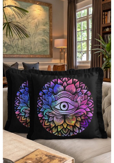 Spiritüel Lotus Motifli Saçaklı Yastık Kılıfı - Mistik Bohem Çok Renkli Püsküllü Kırlent Kılıfı Çok Renkli