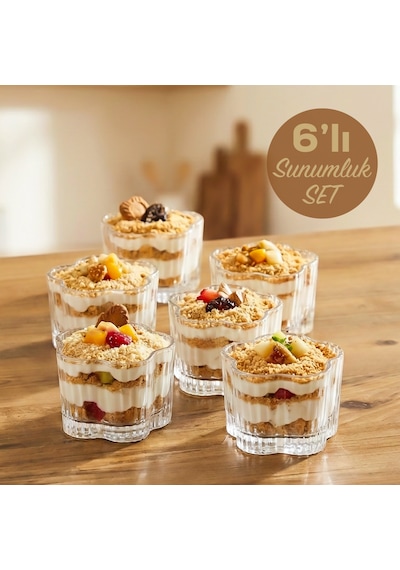 Porsima Ryg7061 Flower 6lı Cam Kase Puding Magnolya Tatlı Ve Dondurma Kasesi Kahvaltılık Kase Seti Çerez Kasesi 6x7,5cm Şeffaf