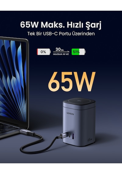 Ugreen Nexode Qi2 65w Standlı Magsafe Wireless Masaüstü Şarj Cihazı, 2xusb-c, 1xusb-a, 55321