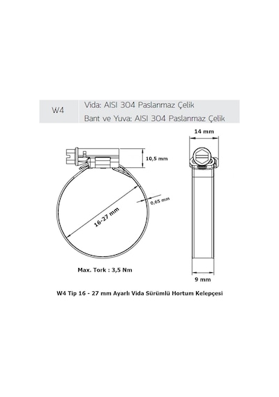 3 Adet W4 Hortum Kelepçesi 16-27 mm Ayarlı 304 Kalite Paslanmaz