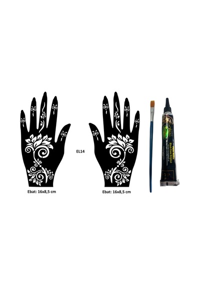 Airbrush Tattoo Bahar Yaprakları El Üstü Dövme Seti 2'li + Kına Kalıbı Siyah Kına + Fırça