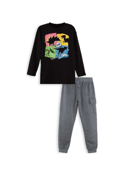 Erkek Çocuk Kışlık Dinozor Desenli Pamuklu Siyah Uzun Kollu 2 Parça T-Shirt Pantolon Takımı 4-10 Yaş