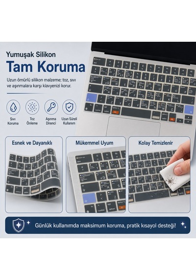 Macbook Air 13.6 İnç M2 M3 M4 M5 A2681 A3113 A3240 A3449 Uyumlu Türkçe Q Kısayollu Klavye Koruyucu
