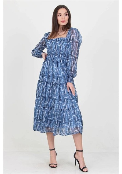 Neşeli Butik Kadın İndigo Desenli Kare Yaka Gipeli Şifon Elbise Nb10036 Indigo