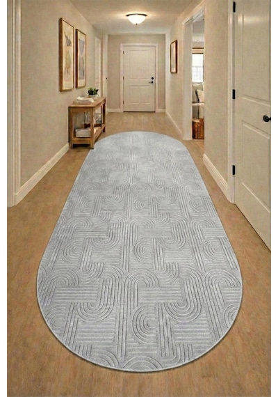 Raschel Carpet Bohem Oval Açık Gri Emboss Premium Seri Yeni Nesil Kaymaz Taban Jel Taban Halı Yolluk Antre Hol Açık Gri
