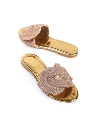 Shoetek Anwen Kadın Terlik Geçmeli Banlı Roz Taşlı Altın Roz Pudra
