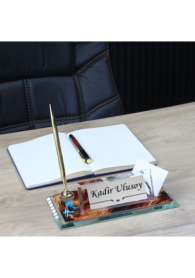 Kişiye Özel Kristal Saatli Masa Üstü İsimlik Kalemli Lüks Ofis İsimliği Ve Kartvizitlik Seti Renksiz