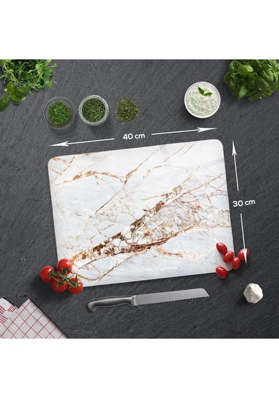 Decorita 10011503220 Gold Detay Beyaz Mermer Görünümlü Cam Kesme Tahtası, 30cm X 40cm Diğer