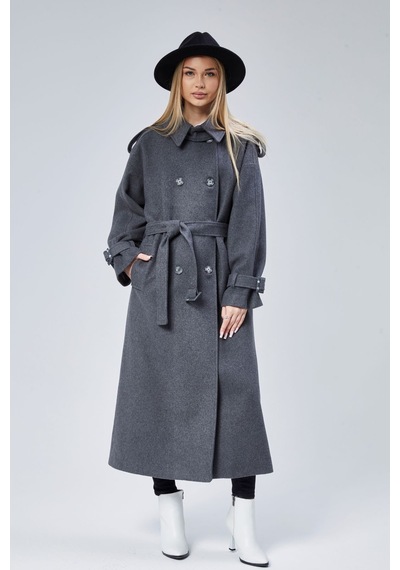 Kuşaklı Oversize Kaşe Kaban Koyu Gri