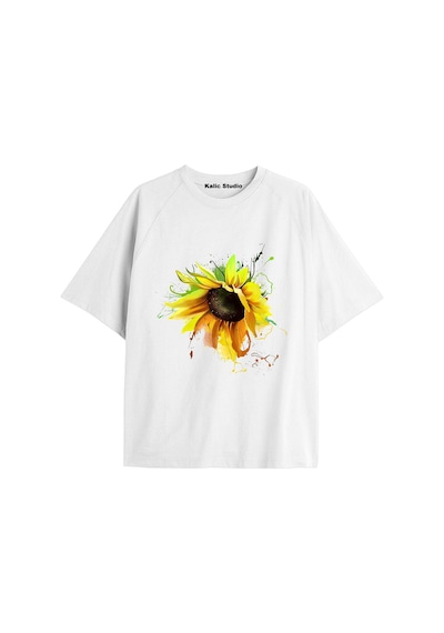 Kalic Studio Kadın Çiçek Özel Baskılı Renkli Oversize Penye Pamuklu Bisiklet Yaka T-shirt Beyaz-25