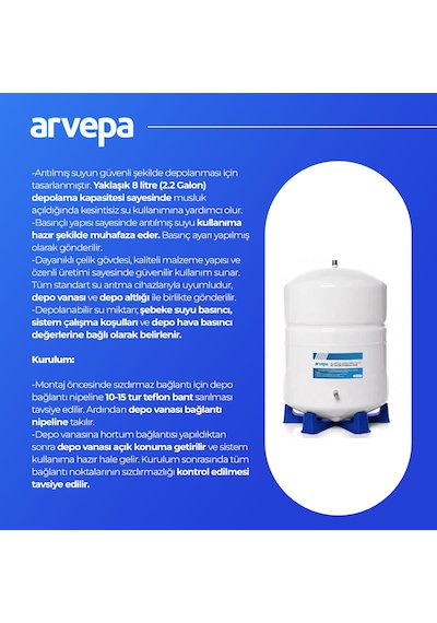 Arvepa Su Arıtma Cihazı 8 Litre (2.2 Galon) Çelik Depo Tankı - Uzun Ömürlü (Vana ve Altlık Dahil)