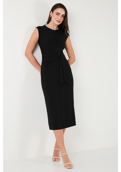 Lela Slim Fit Bisiklet Yaka Bağlama Detaylı Midi Bayan Elbise 5866164 Siyah