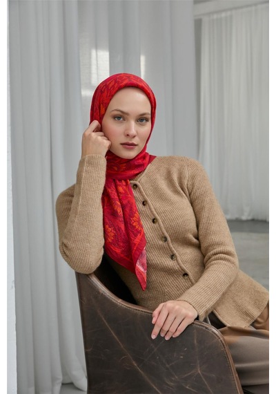 Silk Home Viskon Velora Eşarp Kırmızı Nar Çiçeği Desenli Tok Duruşlu Dört Mevsim 90x90 Çok Renkli