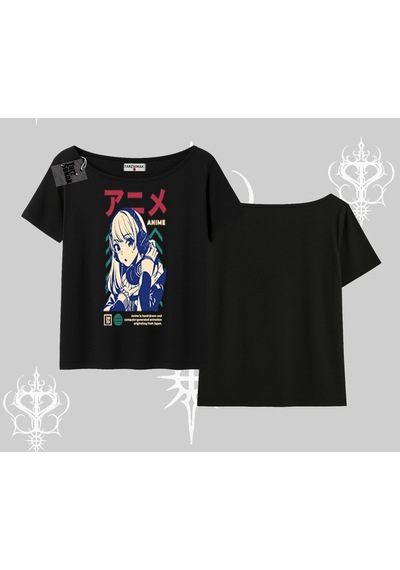Startmore Startmore Kayık Yaka Tshirt Anime Kız Desenli Japon Tarzı Siyah