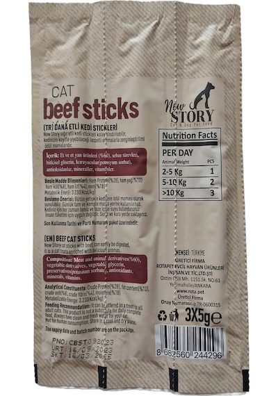 New Story Cat Beef Sticks Dana Etli Kedi Ödül Çubukları 3 x 5 G