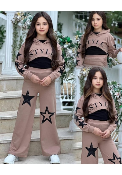 Star Style Kız Çocuk 3'lü Takım - 3/12 Yaş - 31517 Kahverengi