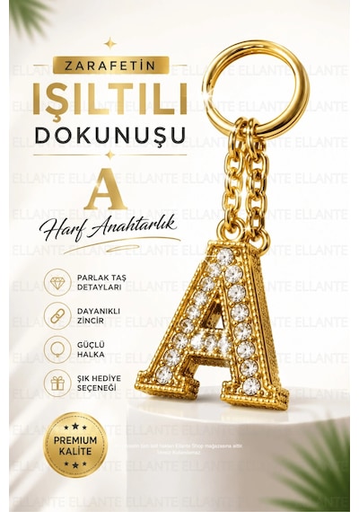 Kişiye Özel Harf Anahtarlık Altın Renk Zirkon Taşlı Şık Çanta Süsü Anahtar Aksesuarı Hediyelik Harf 66720743
