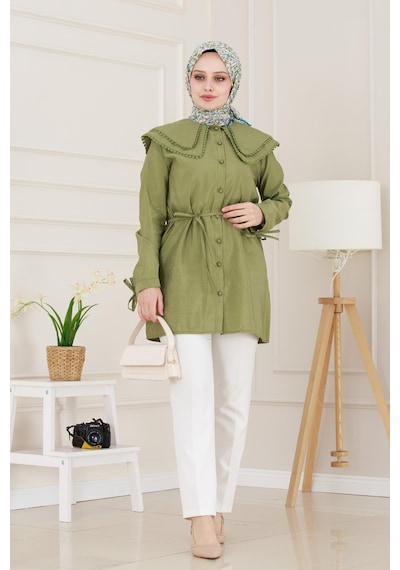 Sevitli Çift Yaka Dantelli Tunik-yeşil-4985 Yeşil