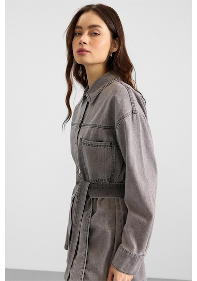 Olcay Metal Düğmeli Soft Denim Ceket Pantolon Gri 9401-tk