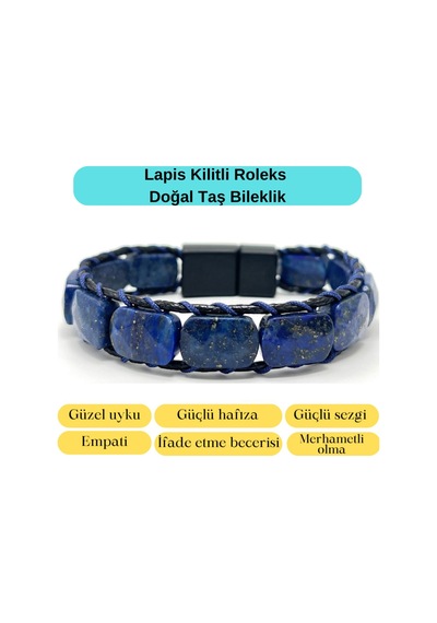 Sertifikalı Lapis Lazuli Kilit Kapama Roleks Doğal Taş Deri Bileklik Lacivert