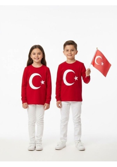 Zekids Çocuk Uzun Kollu Kırmızı Türk Bayraklı T-shirt-17210 KIrmızı