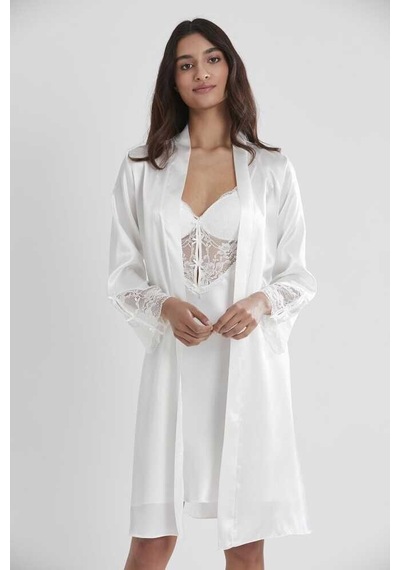 Pierre Cardin 2li Ekru Saten Kısa Gecelik Sabahlık 4300 Ekru