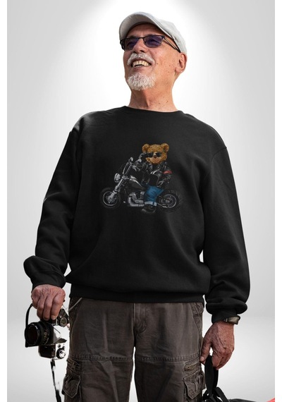 Kask Güneş Gözlüğü Motor Ayı Unisex Siyah Baskılı Sweatshirt Siyah