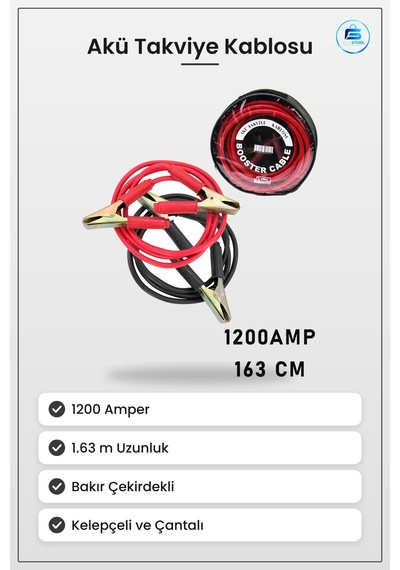 Akü Takviye Kablosu Seti 1200 Amper 1.63 M Oto Yol Yardım Bakır Ç