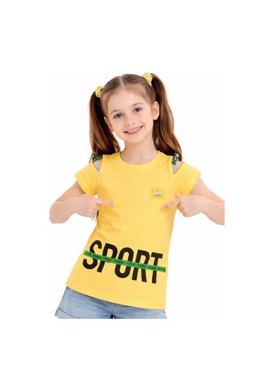 İrem Çocuk Giyim Kız Çocuk Sport Yazı Desenli Omuz Detaylı Sarı Renk Tişört Sarı