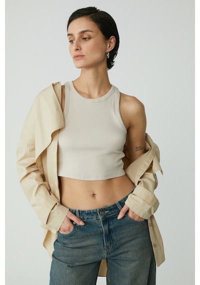 Ethıquet Joyce Kadın Slim Fit Dar Kalıp Sıfır Kol Bisiklet Yaka Örme Crop Açık Gri Atlet