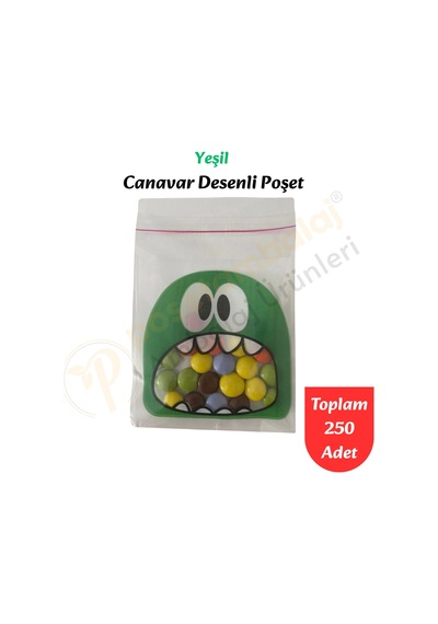 250 Adet Yeşil Canavar Desenli Cake Pop & Kurabiye Poşeti-10x15 Cm