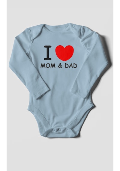 I Love Mom And Dad Baskılı Bebek Zıbını Çıtçıtlı Body %100 Pamuk Uzun Kol Bebe Mavisi