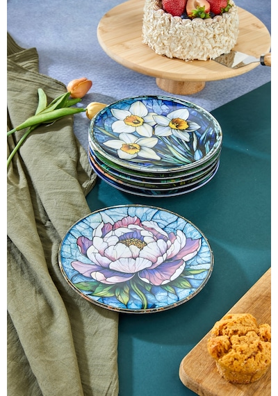 Grandora 6 Lı Çiçek Desenli Pasta Tabağı Seti 20 Cm - Pasta Ve Tatlı Tabak Seti Çok Renkli