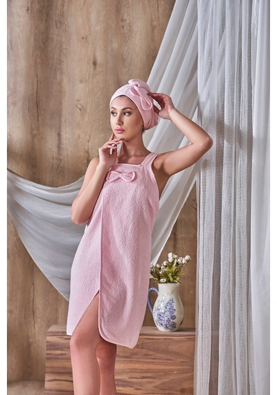 Askılı Bornoz Ve Havlu Bone Bornoz Seti Sauna Seti Plaj Elbisesi Sabahlık Pembe