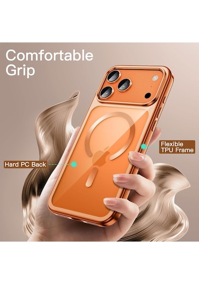 Teknomoda Apple Uyumlu iPhone 17 Pro Max Kılıf Kamera Çevresi Korumalı Renkli Magsafe Şarj Şeffaf Silikon Turuncu