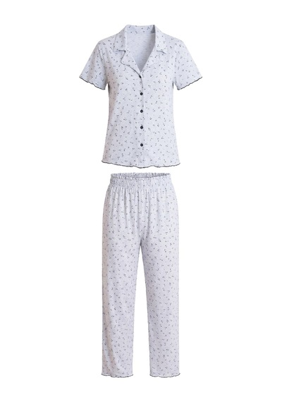 Cottonhill Gri Çiçek Desenli Pointel Gömlek Yaka Kadın Pijama Takımı Okyanus