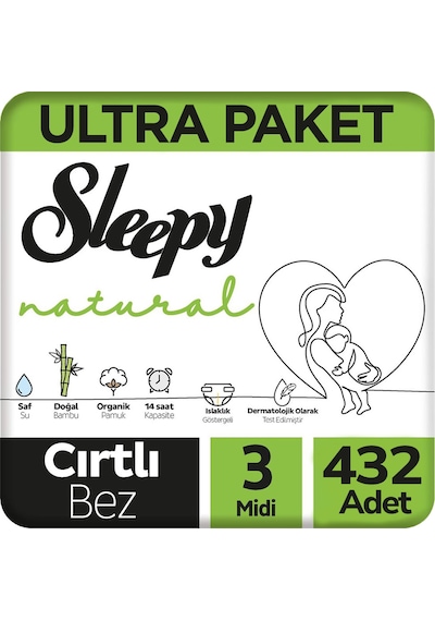 Sleepy 3 Beden Natural Bebek Bezi Ultra Paket 108x4 432 Adet 3 Numara