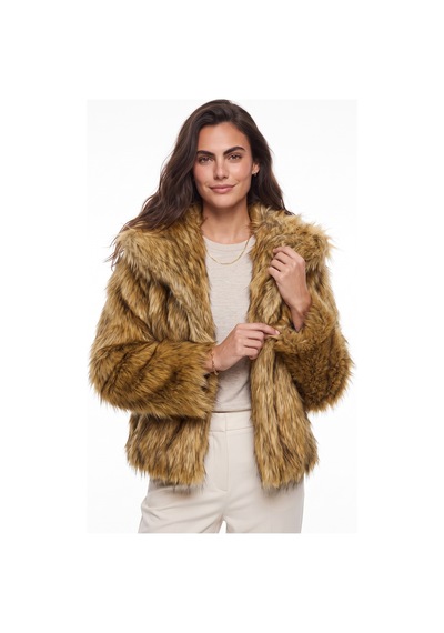 Onloox Kadın Camel-siyah Camel Siyah Polyester Suni Kürk Dokulu Geniş Yakalı Kısa Boy Astarlı Premium Ceket
