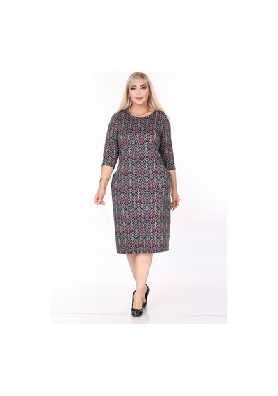 Çift Cepli Desenli Esnek Kışlık Büyük Beden Midi Elbise 44a-2701 Desenli