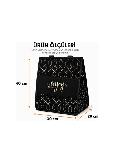Termoslu Piknik Çantası 30x20x40 Cm, Isı Yalıtımlı Alüminyum Kaplamalı İç Yüzey, Keçe Dış Yüzey, Katlanabilir Termal Alışveriş Plaj Kamp Piknik Çantası Siyah