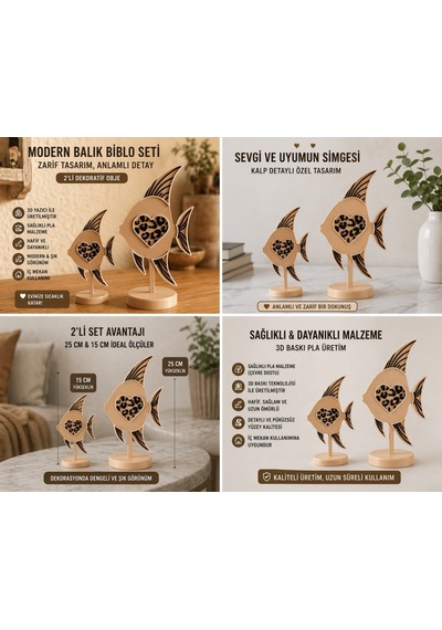 Modern Balık Biblo Seti 2 Li Dekoratif Obje 3d Baskı Sağlıklı Pla 25 Cm & 15 Cm Şık Tasarım