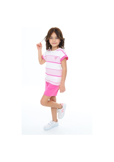 Toontoy Kids Toontoy Kız Çocuk Çizgili Kalp Nakışlı Şortlu Takım Fuşya