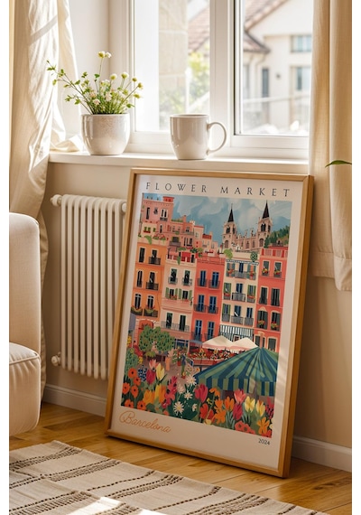 Barselona İspanya Çerçeveli Tablo Seyahat Severlere Salon Ve Ofis İçin Estetik Duvar Dekoru Travel Flower Market